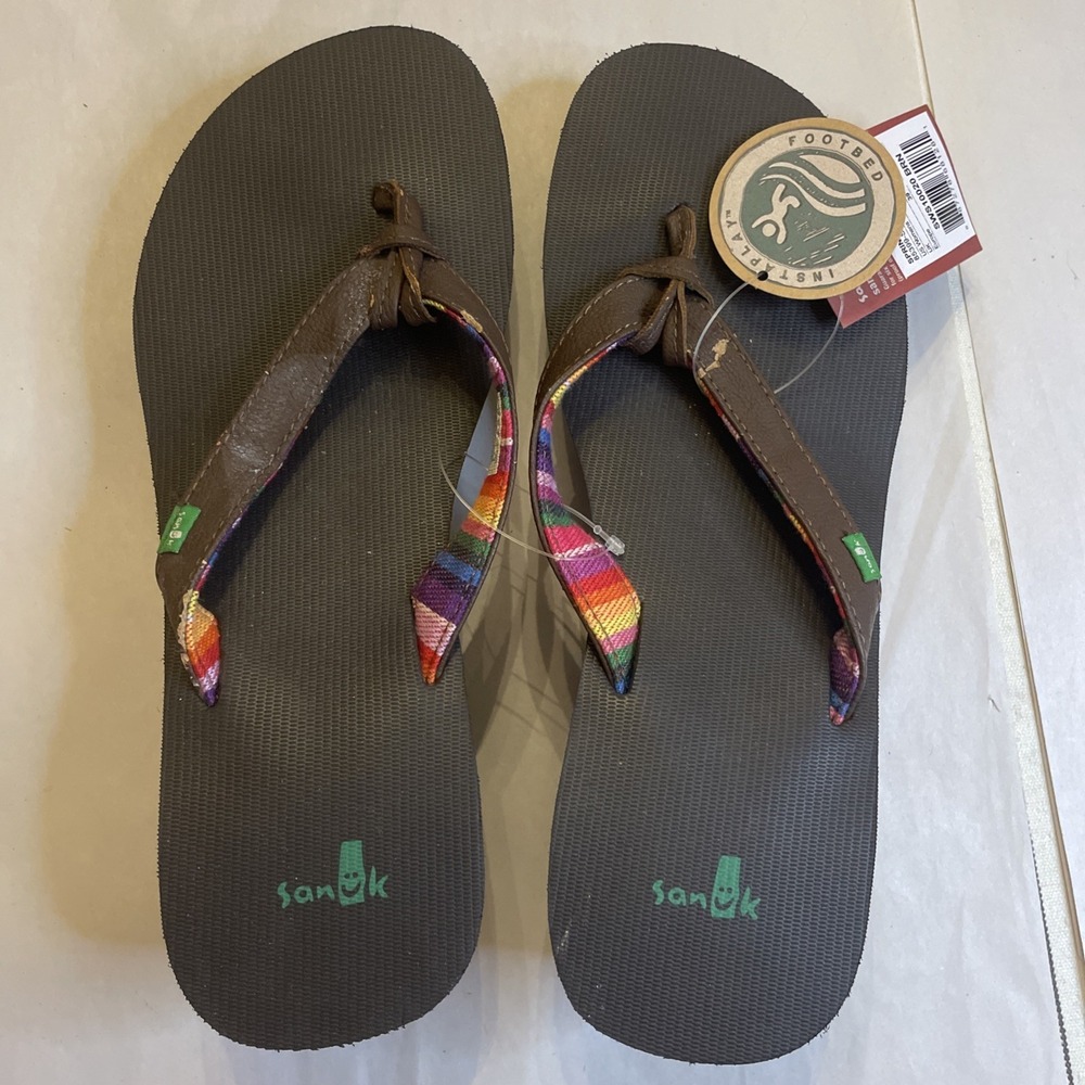 NWT Sanuk Springwater Wedge Platform Sandals Flip Flops 8 Brown Leather Rainbow